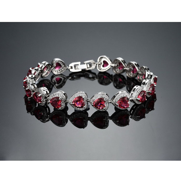 Fashion Platinum Plated Links Chain Heart Shape Red Cubic Zirconia Tennis Bracelet (JDS949RED)