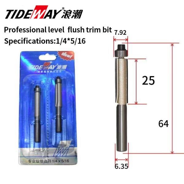 Tideway 1/2 and 1/4 Shank 2 Flutes With Bearing Carbide Woodworking Professional Wood Flush Trimming Bit for Carpentry Machine