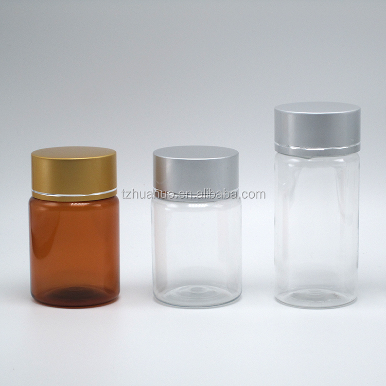 Refillable 60ml Amber PET Pill Capsule Fish Oil Bottle with Silver Aluminum Screw Cap