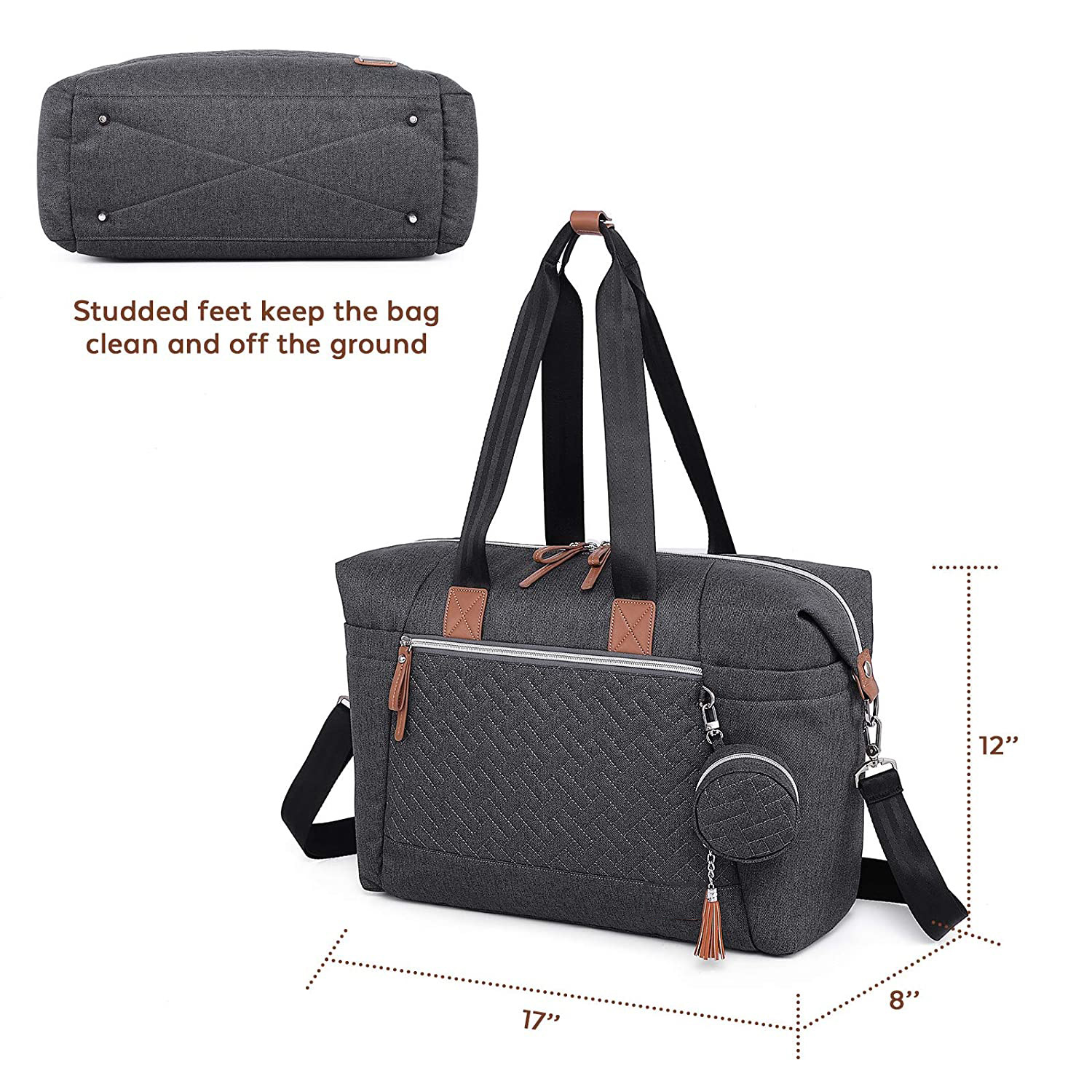 Extra Large Diaper Tote Bag Black With Pacifier Case Changing Pad 17x8x12"