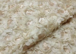 Quality Romantic Champagne Rosette Sequin Lace Fabric , Nylon Bridal Mesh Fabric for sale