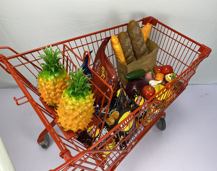 Red Spray 180L European Metal Shopping Trolley Cart With White Handle TPR Wheels