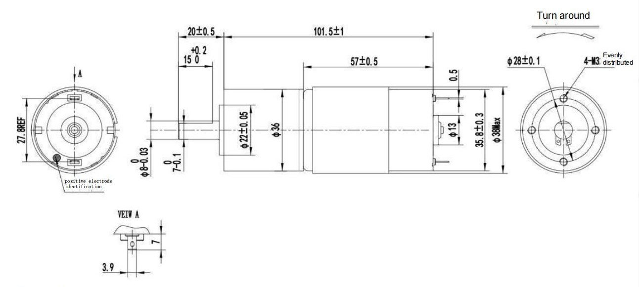 0.38A 24V DC Brush Gear Motor 36mm Low Noise NEMA 14 With Gearbox 1:76 65 Rpm