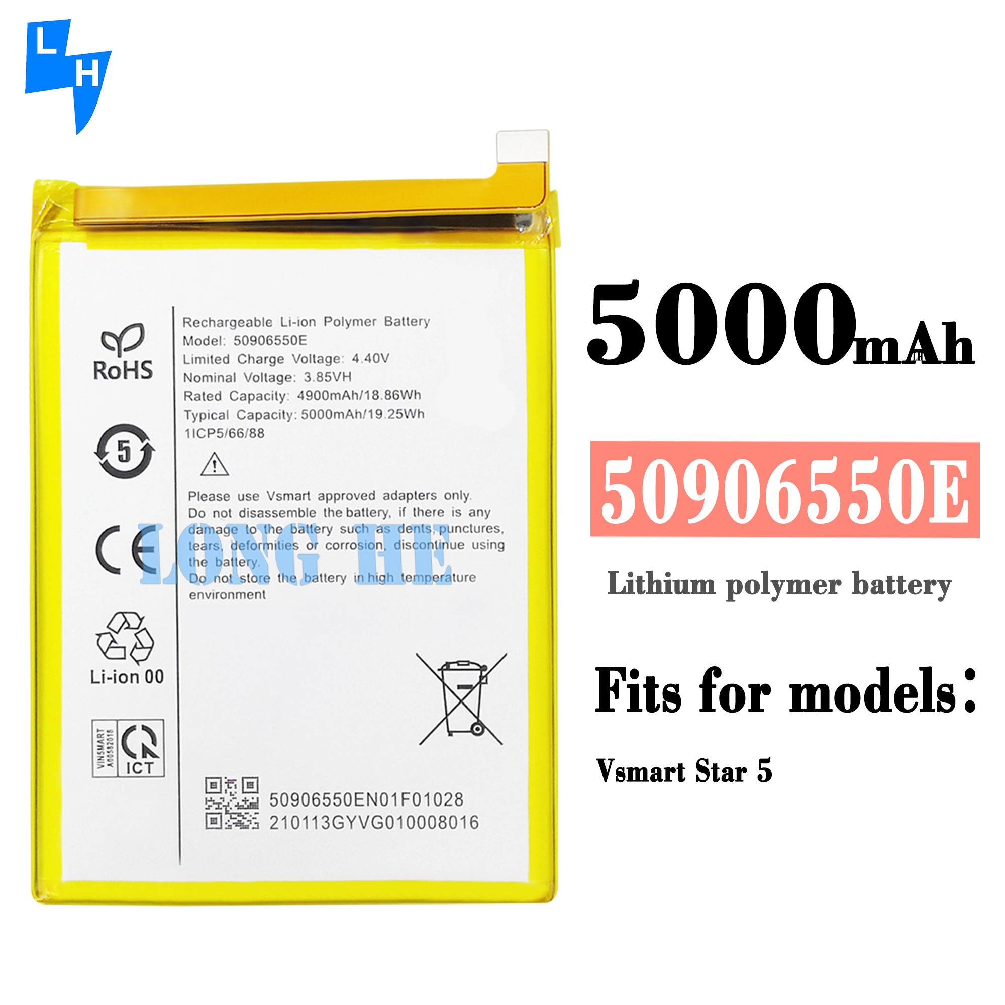 Li-ion Polymer Battery 50906550E for Vsmart Star 5 Mobile Phone Battery 5000mAh 3.85V