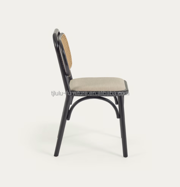 Vintage Style Dining Chair in Natural Wood with Fabric Seat and Real Rattan Backrest W47*D51*H82.5CM