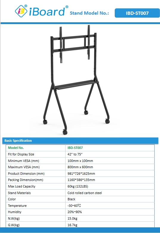 New Arrive Interactive Whiteboard Stand Movable 42 To 75 Inch TV Monitor Lifting Mobile Stand Max Bearing 60KGS Powerfull Wheels Easy Move For