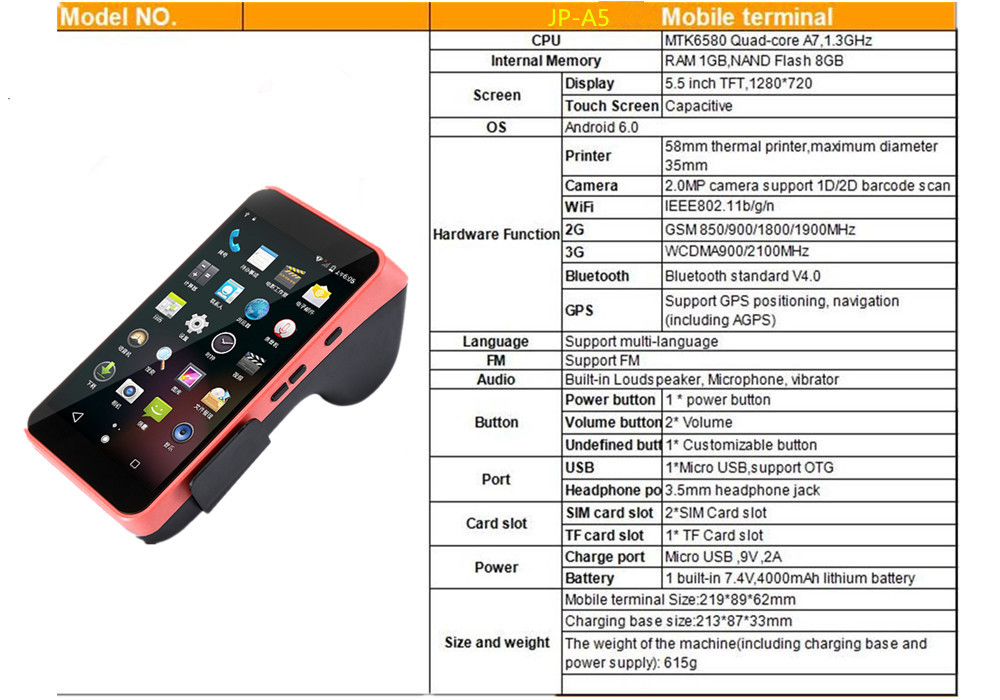 High Speed Android Handheld POS Terminal Compact Design With Camera 3G WIFI