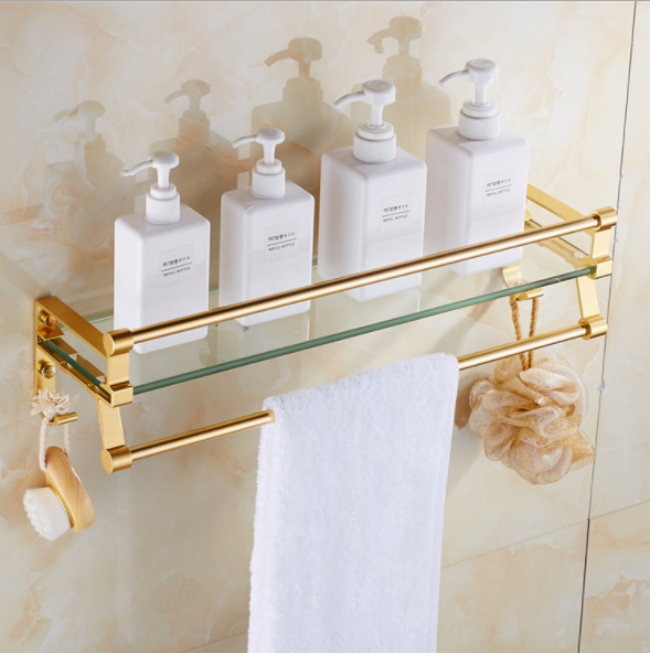 Gold Brass Single Layer Bathroom Glass Shelf with Towel Bar Shower Rectangular Rack Wall Mounted Cosmetic Holder