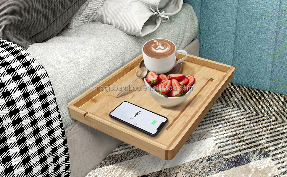 Bamboo Bedside Board Shelf With Mobile Phone Tablet Holder for Other Home Storage Organization