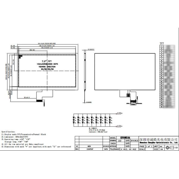 1024x600 Dot Matrix LCD Display Module Hight Brightness Wide Temperature Display