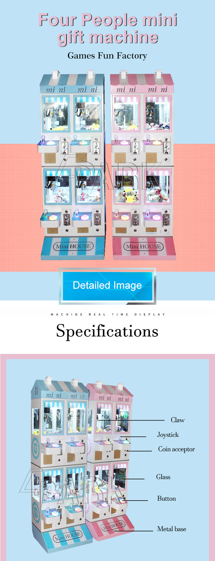 Four people mini crane machine cheap price coin pusher doll crane machine free play