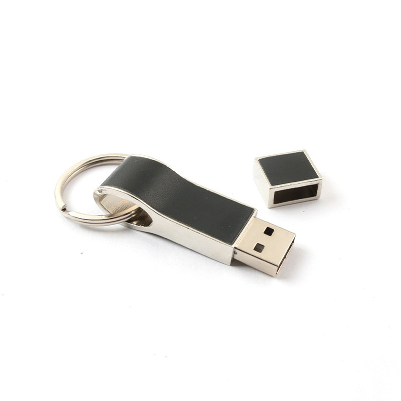 Black Leather USB Flash Drive With Key Ring Good Make Logo Fast Speed USB 2.0 And 3.0