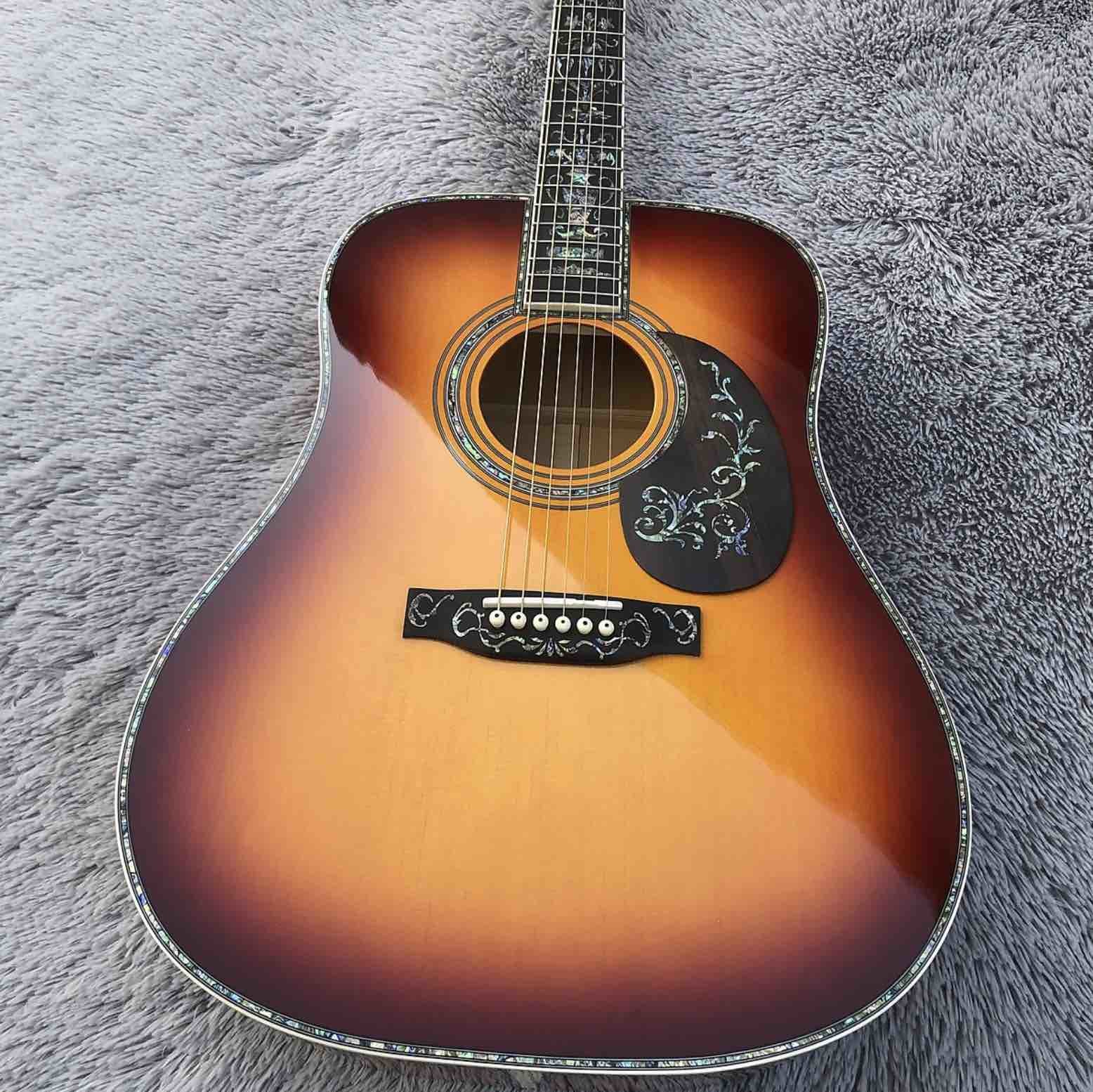 41" Solid Spruce Top Abalone D Style Acoustic Guitar with Burst Maple Body Ebony Fingerboard