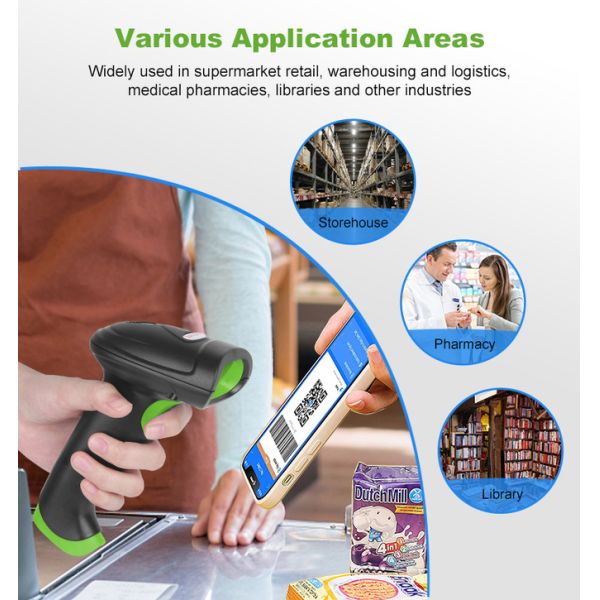 2D CMOS Handheld Barcode Scanner Wireless 2.4G Bluetooth Interface With Receiver