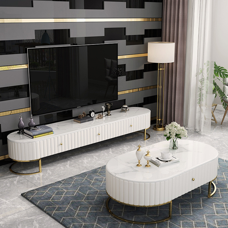 Modern Stainless Steel Marble Oval Coffee Tea Table With Drawers
