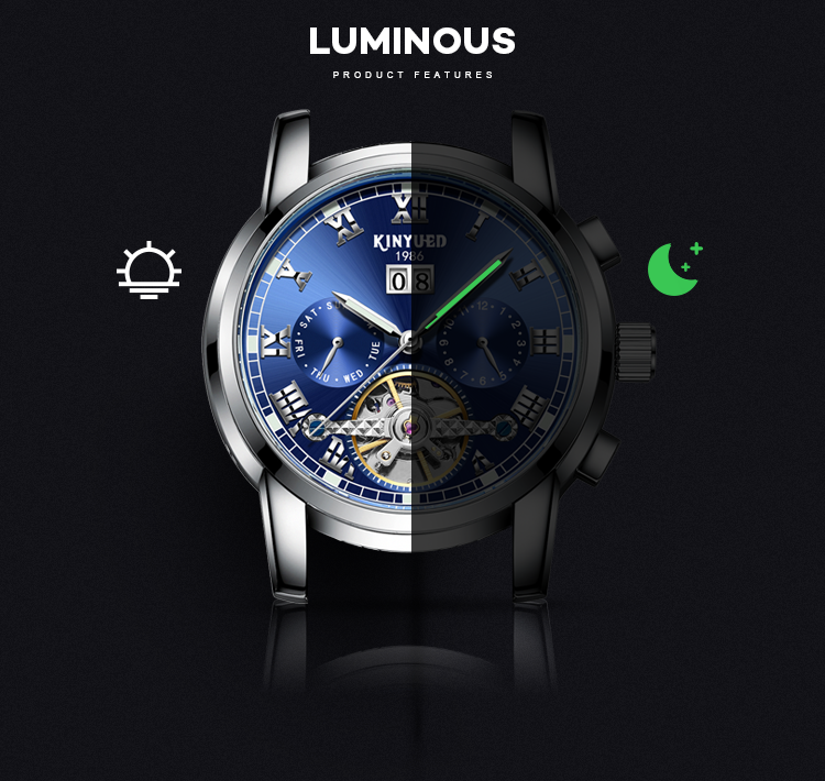 KINYUED tourbillon mechanical watch men oem waterproof stainless steel back automatic wristwatch