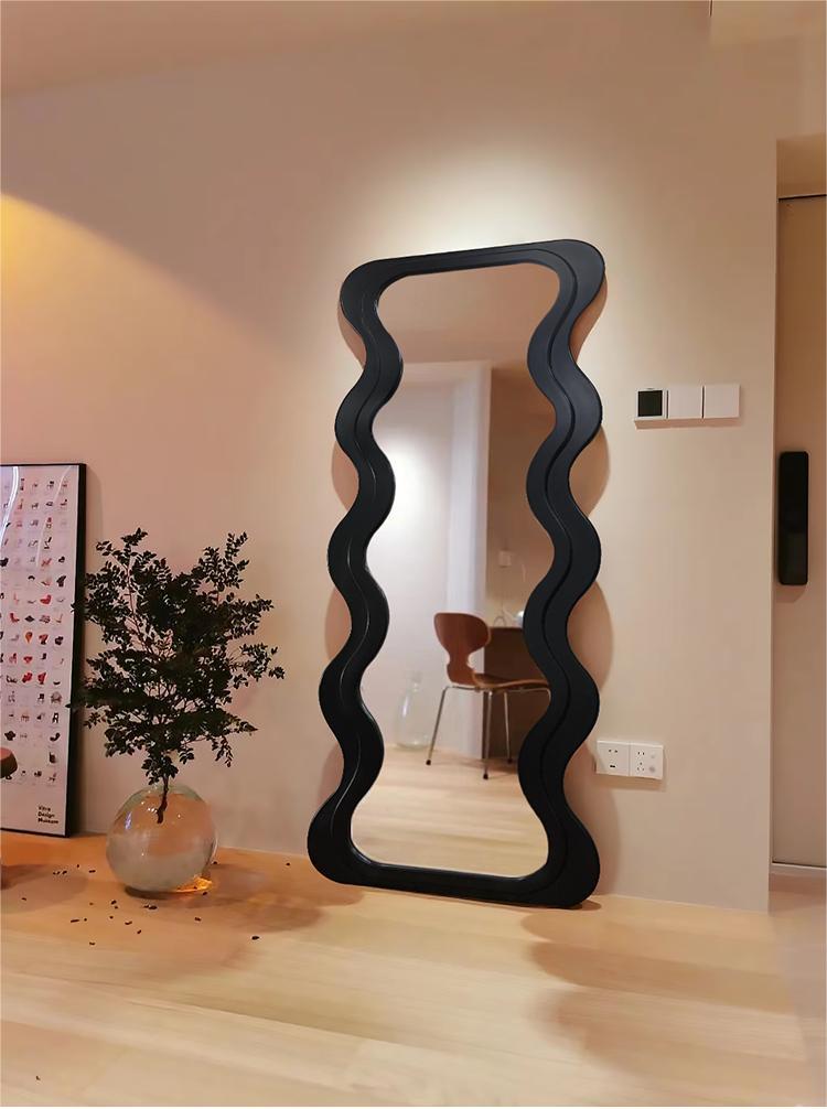 OEM Floor Wavy Standing Mirror Black Ornate Wooden Frame