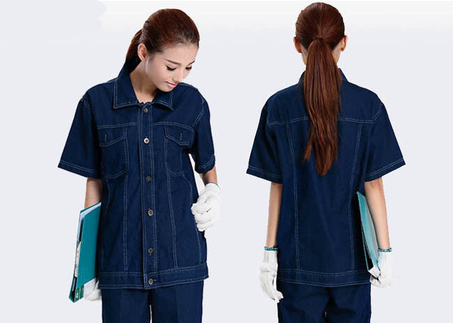 Denim Fabric Durable Industrial Uniform Shirts Unique Design With Buttons And Pockets