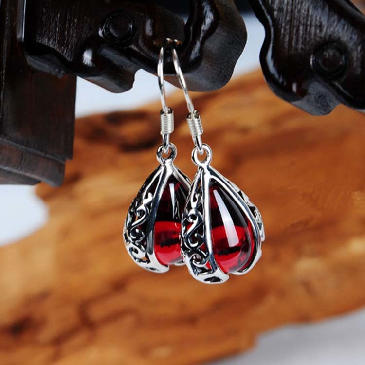 Thai Vintage Sterling Silver Drop Created Garnet Dangle Earrings (E12038)
