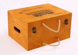 Yellow Color Personalised Wooden Wine Box Six Bottoms With Rope Handle