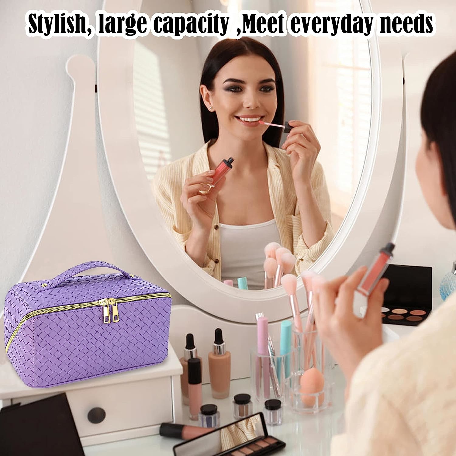 Waterproof Portable Leather Makeup Organizer Bag with Dividers and Handle
