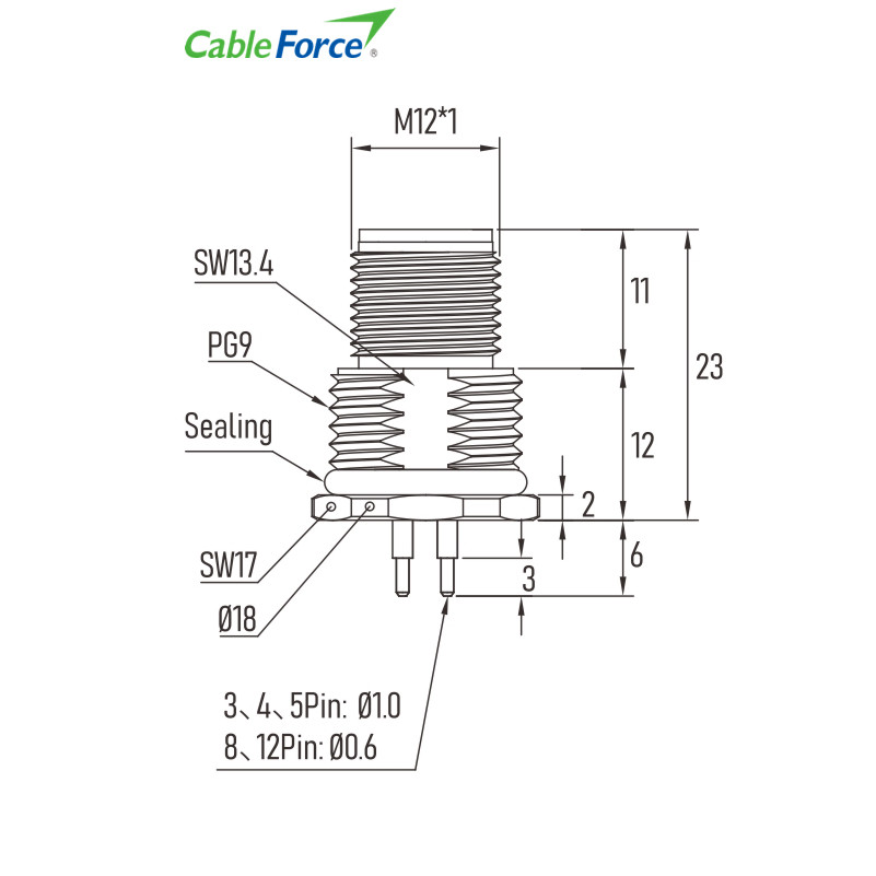 3 Pin A Code M12 Circular Connector Front Side Fastening PCB Contacts PG9