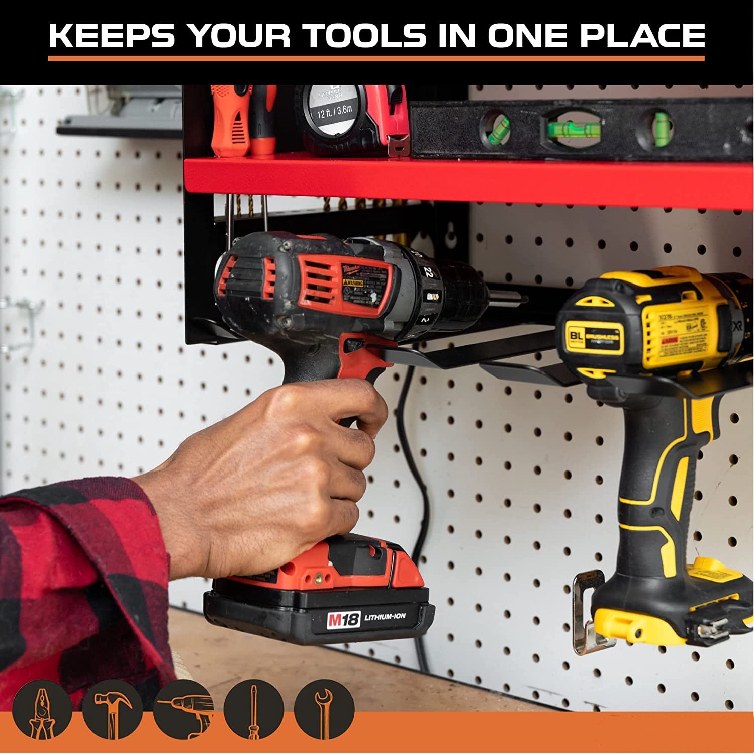 Logo Shape Pegboard Power Tool Organizer with 5 Drill Slots and Screwdriver Holder