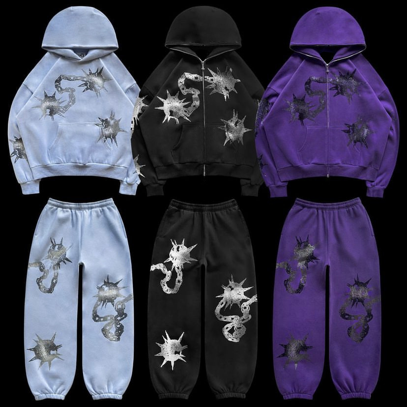 Y2k Streetwear Unisex Men's Custom Hoodies and Sweatpants Set with Rhinestone Hoodie