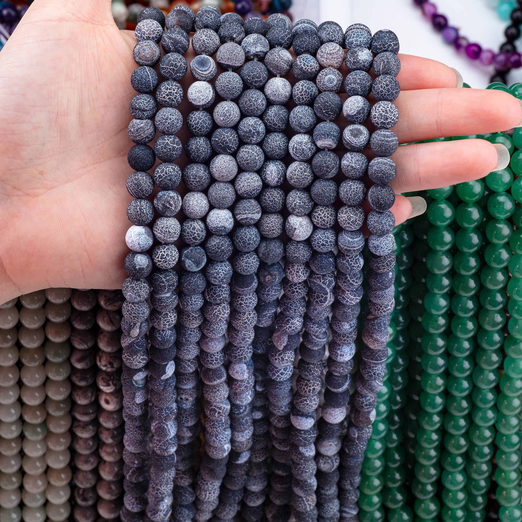 Black Weathered Agate Loose Bead Strands Semi Precious Stone Matt Frosted Cracked Agate for DIY Jewelry Making
